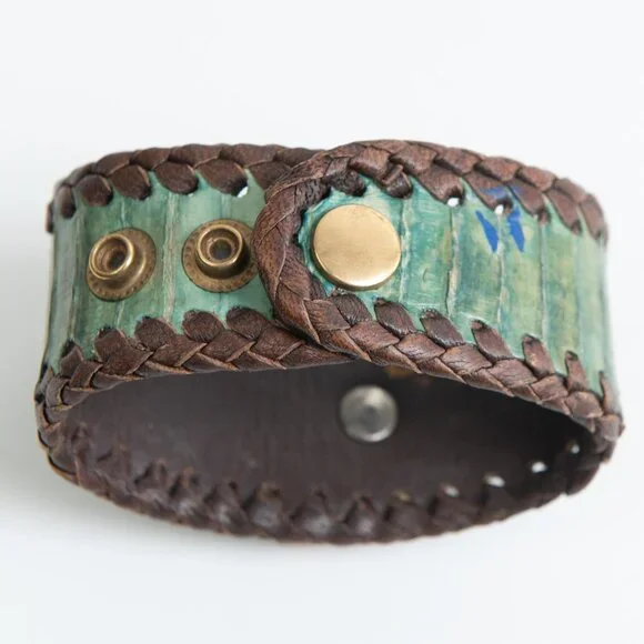 Starborn Ammonite Leather Cuff Bracelet Adjustable Statement Green Brown - Picture 3 of 11